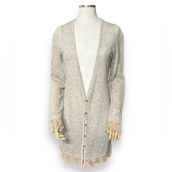 FREE PEOPLE Linen Blend Slub Knit Maxi Cardigan Crochet Lace Trim - Picture 9 of 9